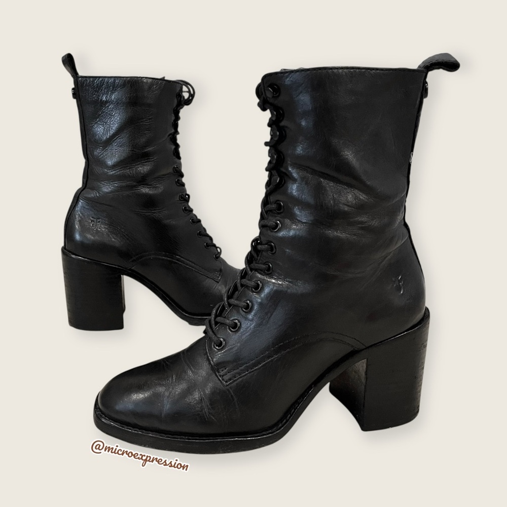 $399 Frye Pia Black Leather Combat Lace Up Moto Goth Block Heel Ankle Bootie - Picture 5 of 15
